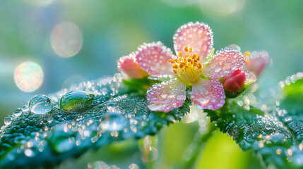 Macro Close-Up of a Dew-Covered Pink Flower and Leaf in Soft Morning Light, with Sparkling Bokeh Highlights and a Natural Green Background