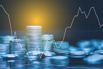 Double exposure of money coin, stock market or forex trading graph and candlestick chart suitable for financial investment concept. 