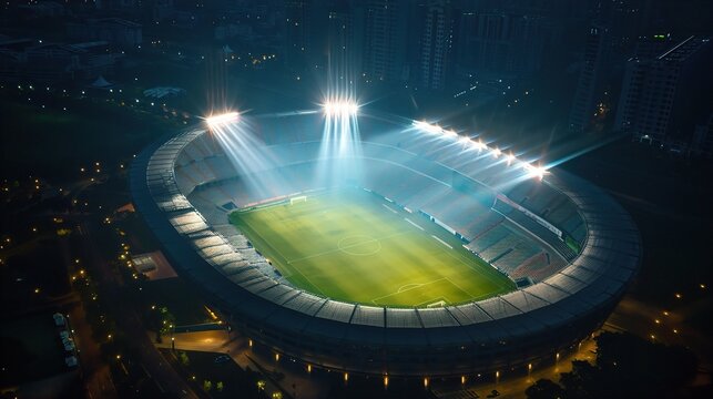 Aerial view of a brightly lit stadium at night, with floodlights illuminating the pristine green field. top angle shot of a stadium