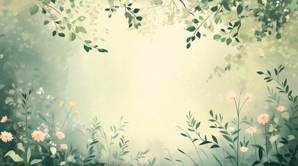 Serene Watercolor Botanical Background with Greenery and Soft Floral Elements