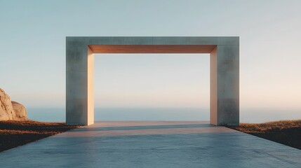 A minimalist modern architectural structure with a large symmetrical frame or portal overlooking a dramatic ocean landscape with rugged cliffs and a serene clear sky horizon