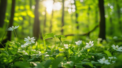 spring flowers in the grass in the forest background 