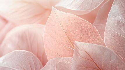 Delicate Transparent Skeleton Leaves in Soft Pastel Pink, Macro Nature Background with Intricate Veins and Elegant Texture
