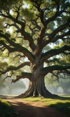 Obraz premium A massive ancient oak tree with a large canopy, outdoor, tree in the wild