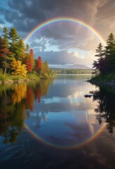 A majestic rainbow stretches above a serene lake, its vibrant colors reflecting off the calm water surface , water, colorful