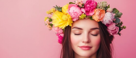 Naklejka premium Arafed woman adorned with a vibrant flower crown, showcasing cultural beauty and tradition in a serene setting.