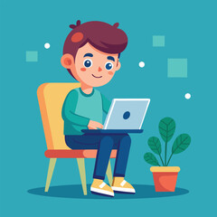 a boy is using his laptop vector