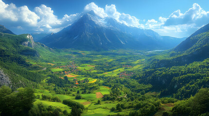 Obraz premium Serene Valley Landscape with Snow-Capped Mountains Under a Sunny Sky
