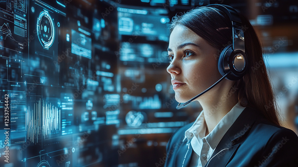 Poster female tech professional wearing headset, analyzing digital data visualizations in a sophisticated t