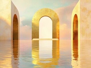 Golden arches reflected in water tranquil landscape digital art serene environment aesthetic viewpoint