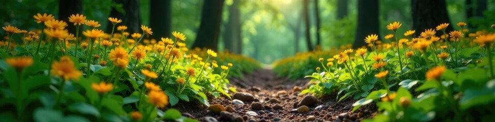 Forest floor with clusters of yellow and orange flowers, yellow flowers