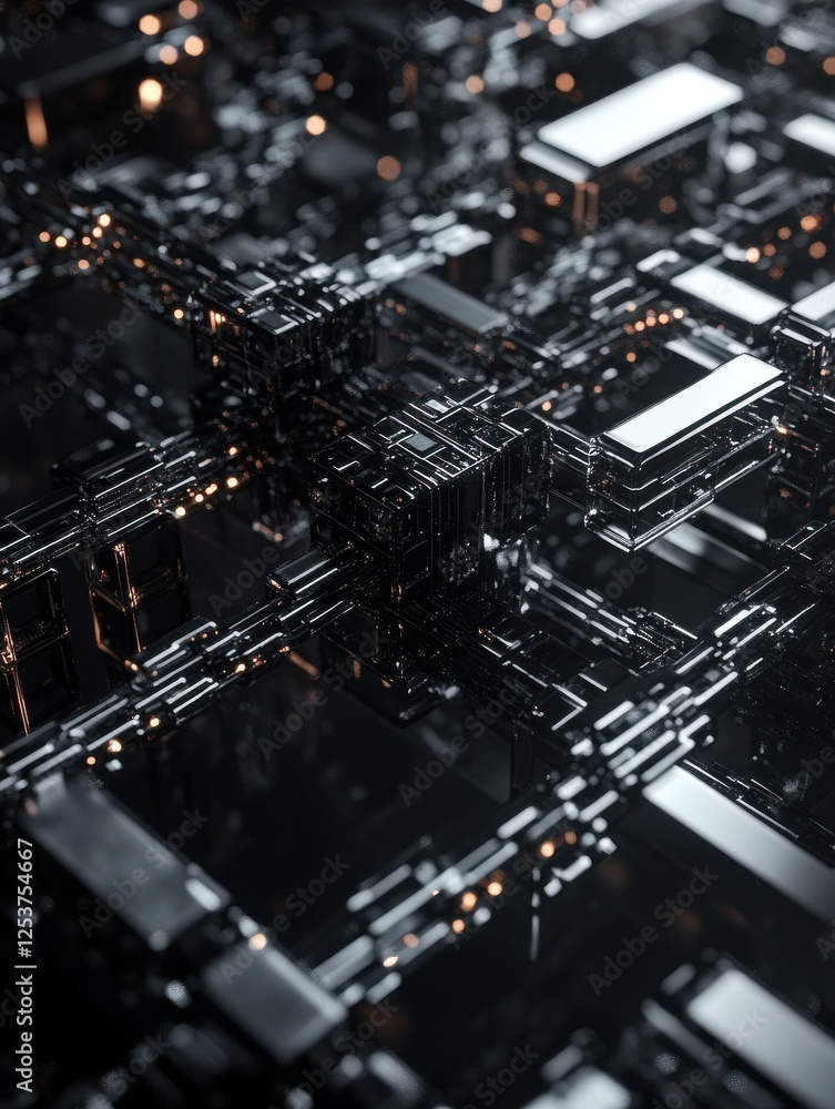 Poster Digital chains and blocks connected in a 3D space, representing the blockchain technology, dark background