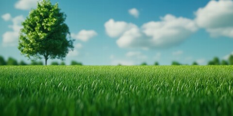 Obraz premium Lush Green Grass Field with Single Tree Under a Bright Blue Sky