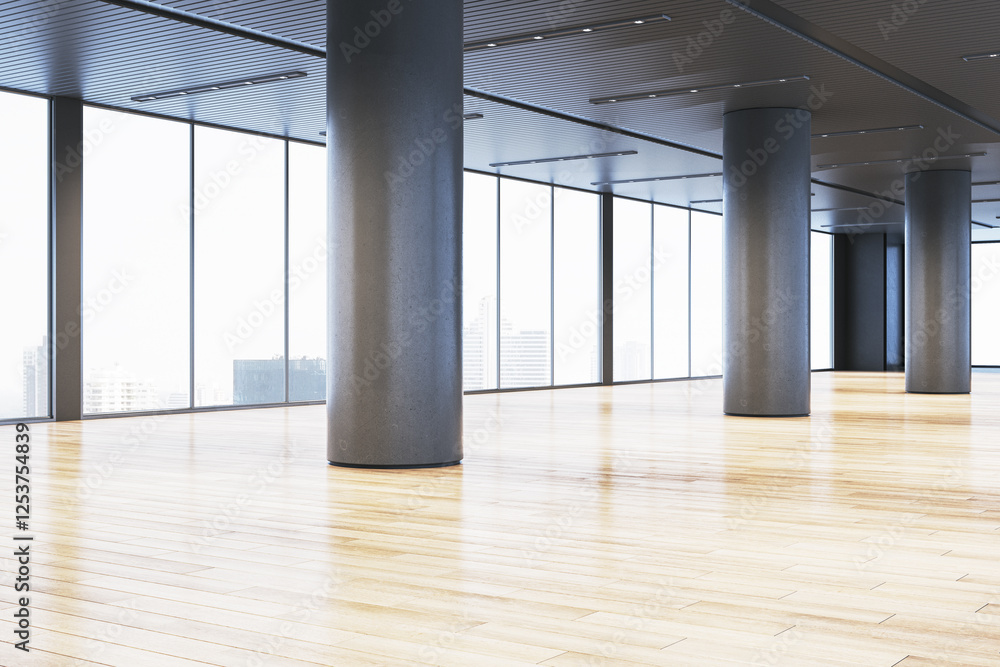 Poster modern empty office space with glass walls and city views. 3d rendering