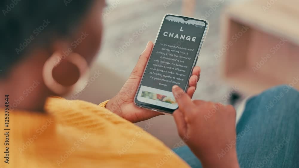 Poster woman, hands and scroll phone screen in home for homepage browsing and customer experience. environm