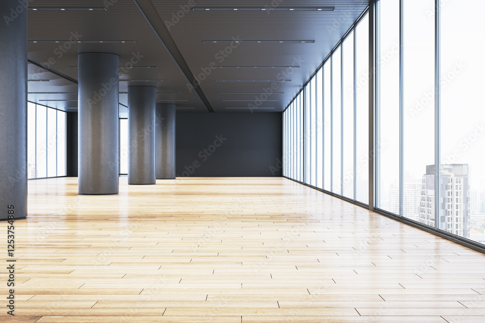 Poster modern empty office space with wooden flooring and large glass windows overlooking cityscape in dayl
