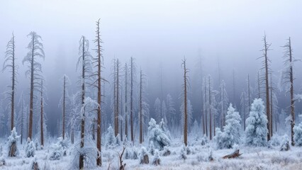 Frozen mist rises over a forest of dead spruce trees, nature, peaceful