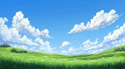 Obraz premium Serene Green Hills under a Bright Blue Sky with Fluffy Clouds