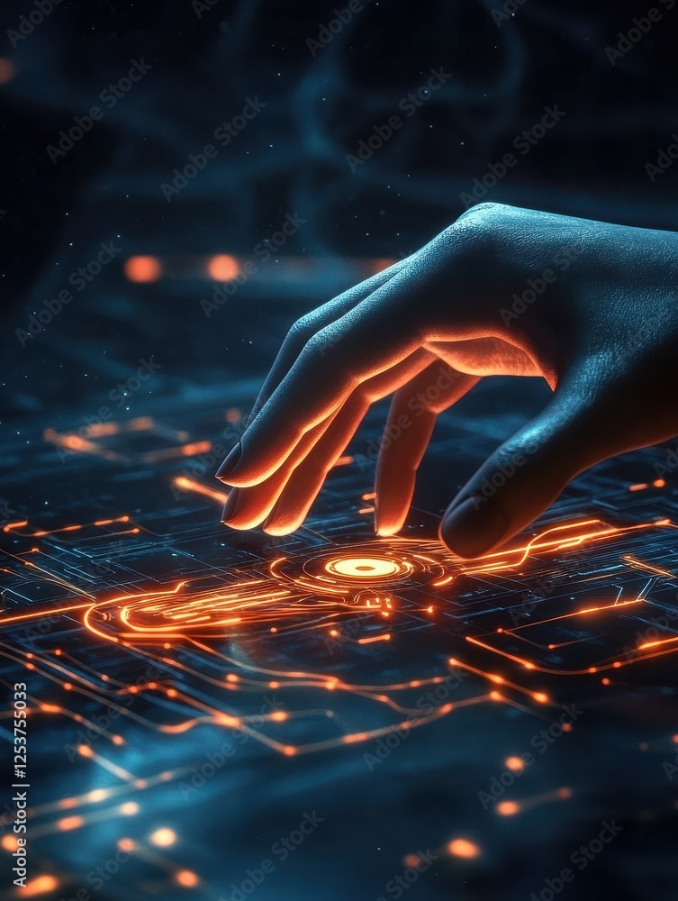 Poster hand interacting with a glowing touch screen, symbolizing interaction and connection between humans 