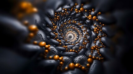 Abstract spiral design featuring black and orange spheres creating a dynamic visual depth