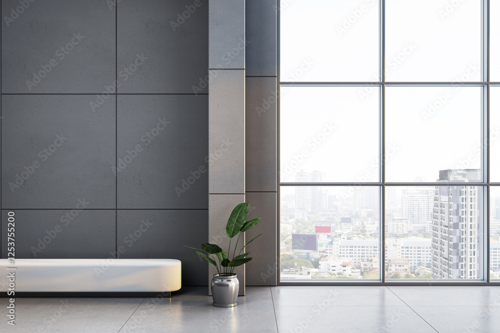 Poster modern minimalist office lobby with grey walls, white bench, and large glass windows showing a citys