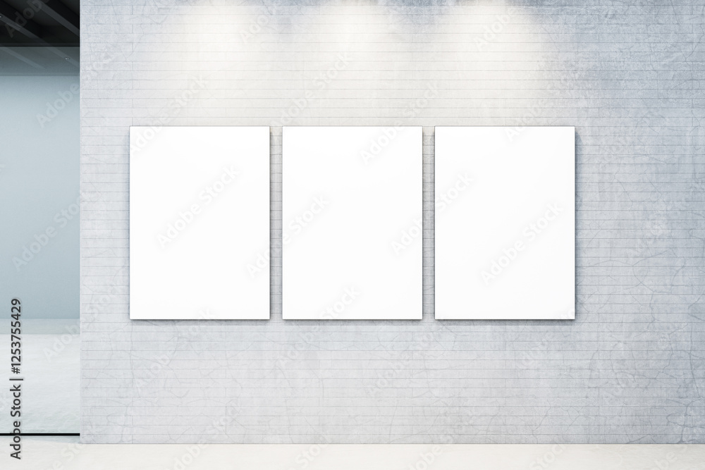 Poster three blank vertical canvases on a textured concrete wall in a modern gallery under spotlights. 3d r