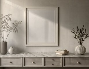 Frame mockup, ISO A paper size. Living room wall poster mockup. Interior mockup with house background. Modern interior design. 3D render