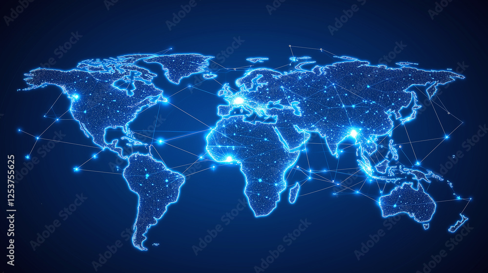 Poster global network illustration: world map illuminated with interconnected dots and lines, showcasing wo