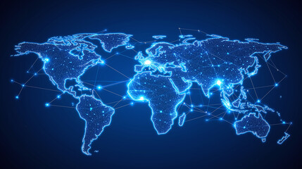 Global network illustration: World map illuminated with interconnected dots and lines, showcasing worldwide connectivity and digital infrastructure.