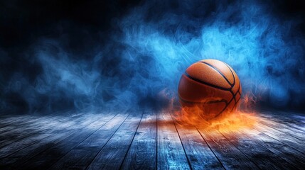 Basketball on fiery wooden floor in smoky arena