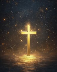Fototapeta premium Illuminated golden cross in starry night sky religious symbol spiritual concept mystical environment artistic perspective