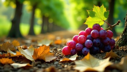 Grape leaves on the ground amidst fallen leaves, vines, leaves