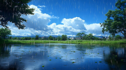 Fototapeta premium Summer Rain Landscape: Blue Sky, Green Trees, and Reflective Water