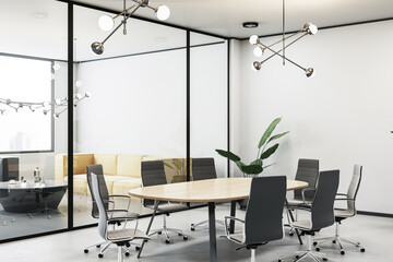 Modern conference room with wooden table, sleek chairs, glass partitions, and contemporary decor in a bright office interior. 3D Rendering
