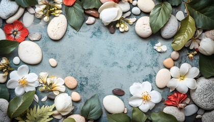 Obraz premium Floral Arrangement with Stones and Leaves on Turquoise Background