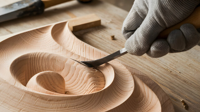Craftsmanship Shines in Wood Carving as Skilled Hands Bring Intricate Designs to Life in a Sunlit Workshop Filled With Tools and Creativity. Generative AI