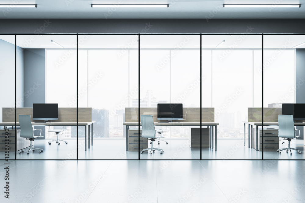 Poster Modern empty office with glass partitions and city view. 3D Rendering