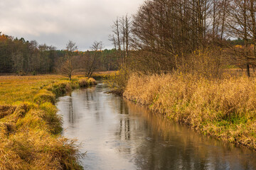 Radunia river flowing through the brown meadows. Kashubia, Pomerania, Poland.