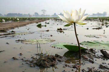 A lotus flower blooming in muddy water, representing growth and beauty from challenging circumstances, adaptation, coping strategies, mud, growth, lotus