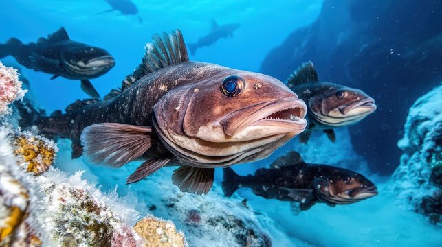 A school of Antarctic toothfish swimming near a frozen coral reef, mysterious and elusive