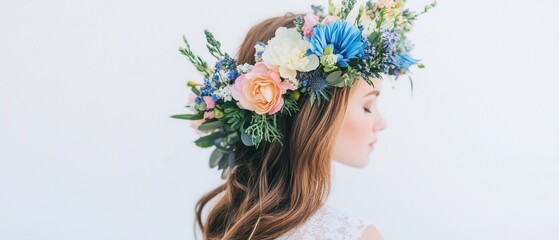 Naklejka premium Arafed woman adorned with a vibrant flower crown, showcasing cultural beauty and elegance in her traditional attire and radiant expression.