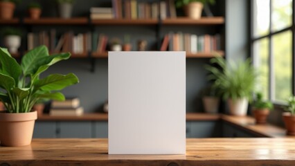 Vertical Greeting Card Mockup, Rustic office with bookshelves and a greeting card on desk photorealistic.