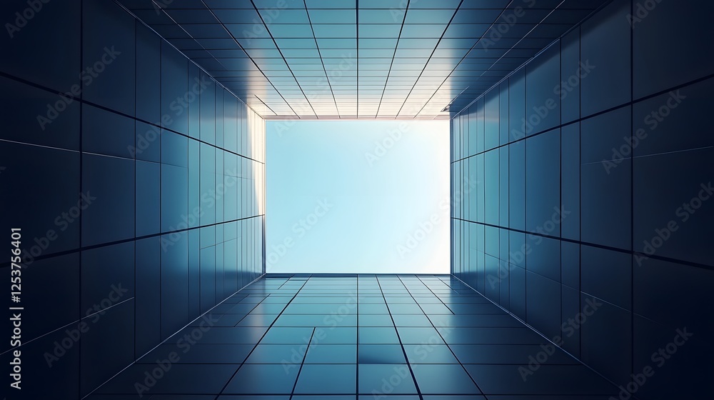 Poster A striking and futuristic architectural corridor with a minimalist geometric design and dramatic blue lighting that creates a clean sleek and sophisticated atmosphere  The symmetrical lines patterns