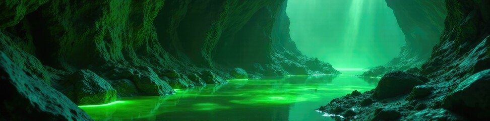Green glowing liquid fills a dark stone cavern, cavernous space, mineral-rich substance
