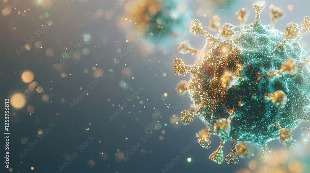 Poster detailed close-up view of spherical bacteria illuminated with soft glowing particles against a dim b