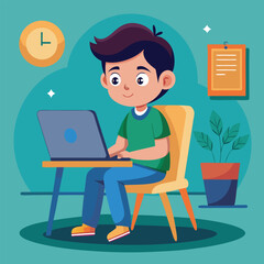 a boy is using his laptop vector