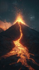 Night sky, volcano erupts, lava flows down.