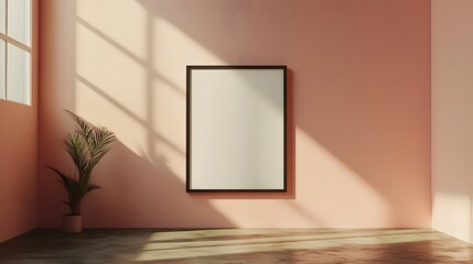 A tranquil and inviting minimalist room design featuring a pink toned wall natural light from the window and a lush potted plant adding a touch of nature and life to the elegant clean