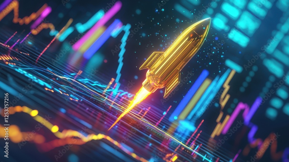 Poster digital animation of profits skyrocketing with rocket launch over colorful financial graphs
