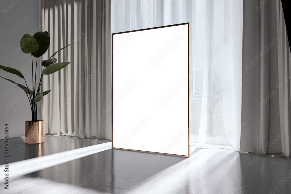 Poster vertical blank frame mockup in modern interior with sunlight and shadows. 3d rendering